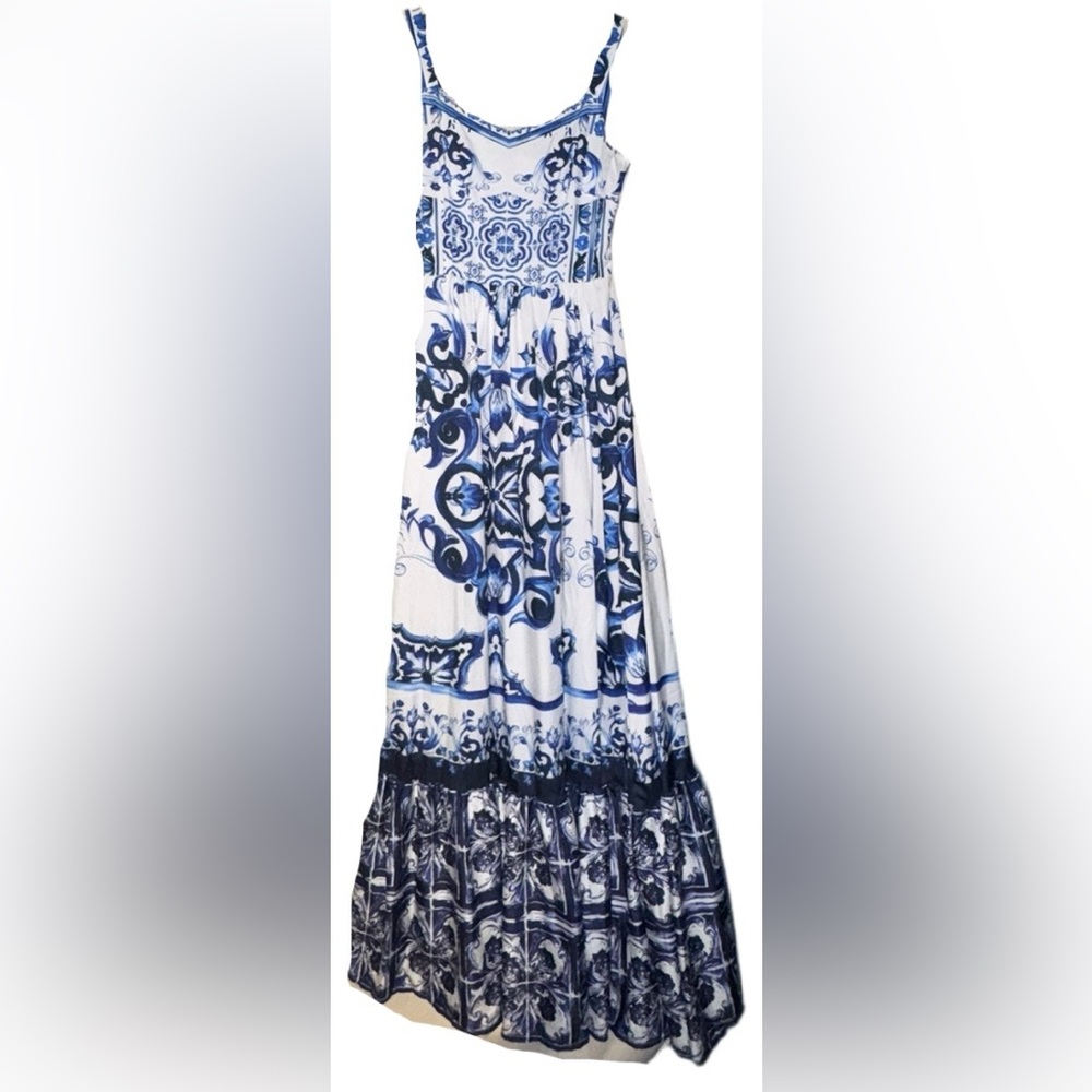 Blue and White Geometric/Floral Dress